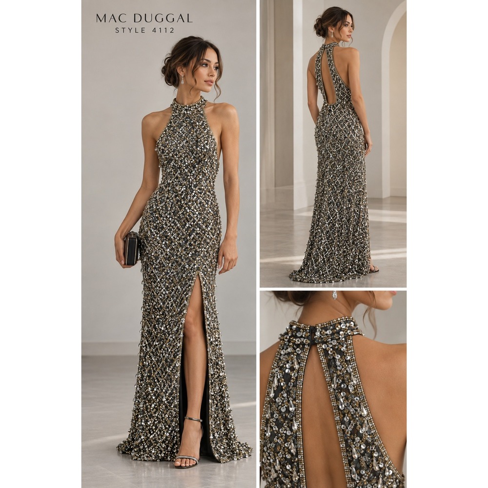 Mac Duggal 4112 Halter Gown 8 Platinum Sequin Beaded 4112 Prom Formal Dress